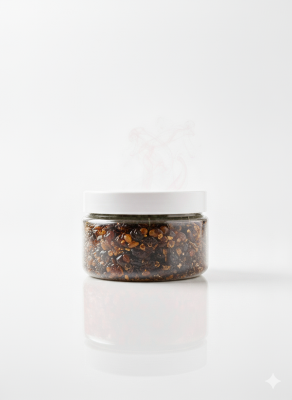Pot d'encens Oud Hajarah, résine sombre et parfumée, produit naturel d'Oman présenté dans un contenant en verre élégant.