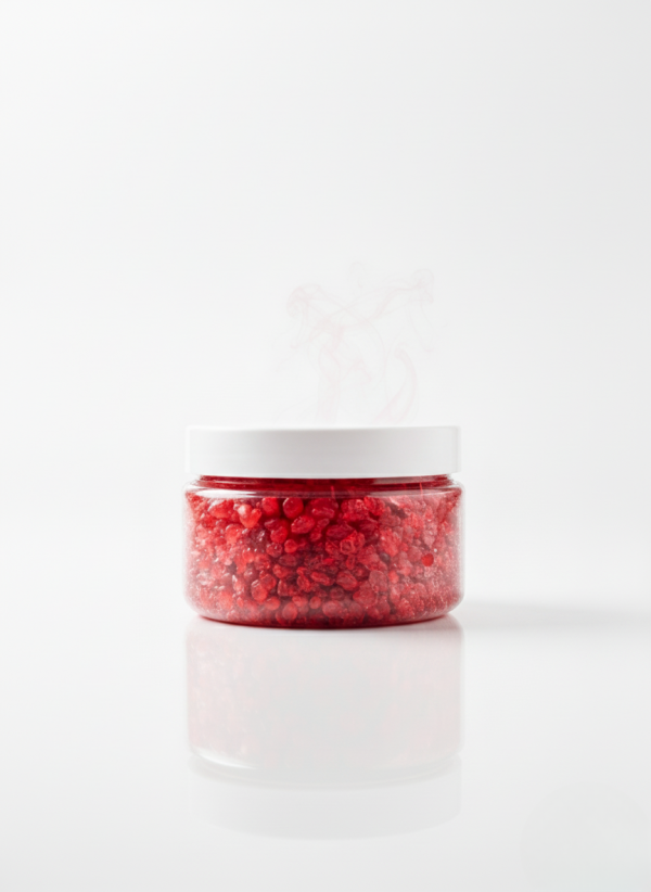 Pot d'encens rouge premium Hajarah d'Oman, résine naturelle de haute qualité, posé sur une surface élégante avec une légère fumée aromatique.