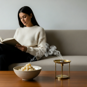 Femme lisant dans un environnement serein, avec un brûleur d'encens et un bol d'Oliban en résine pour un rituel de la fumigation bien-être.