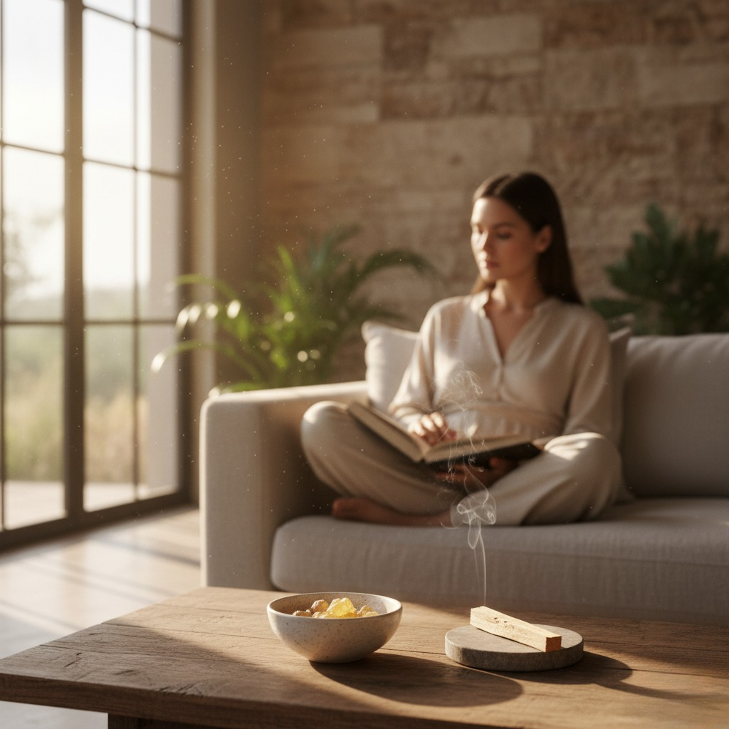 Femme lisant sur un canapé, devant une table basse avec un bol de résine d'Oliban et un bâton de Palo Santo fumant. Ambiance de méditation et de bien-être holistique.