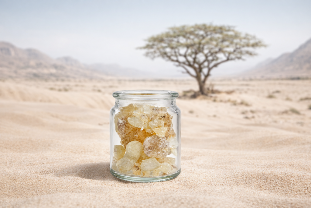 Oliban pur Oman Hojari Pot en verre d'Oliban Hojari proche de l'arbre dont il est extrait, capturant sa pureté et sa texture translucide.