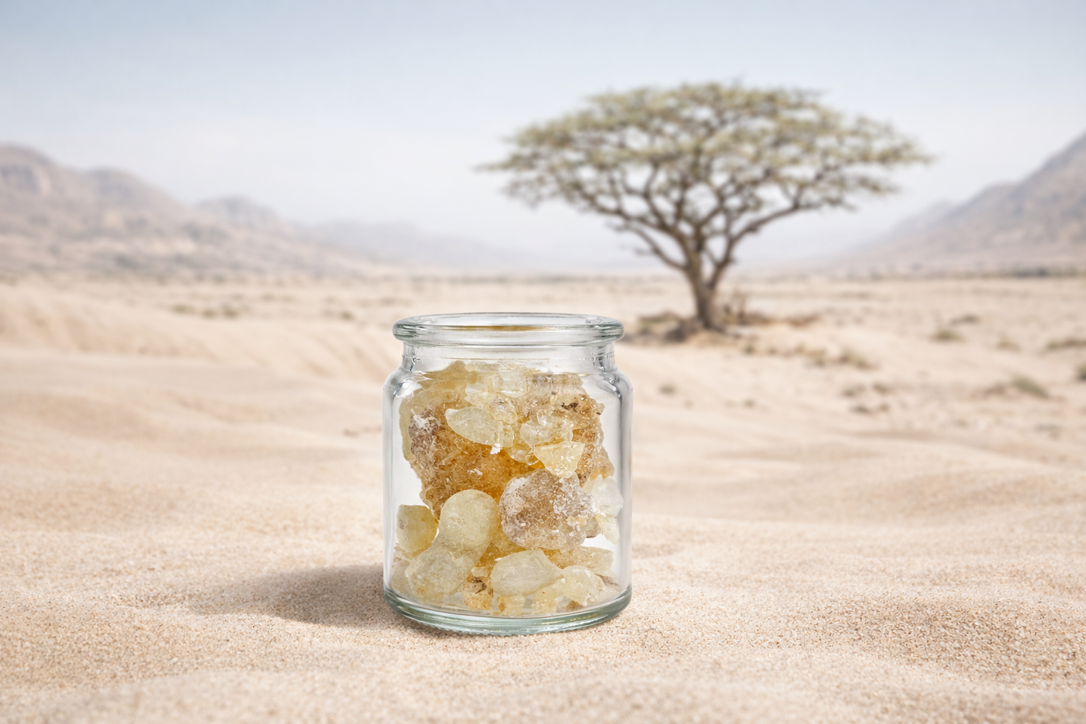 Pot en verre d'Oliban Hojari proche de l'arbre dont il est extrait, capturant sa pureté et sa texture translucide.