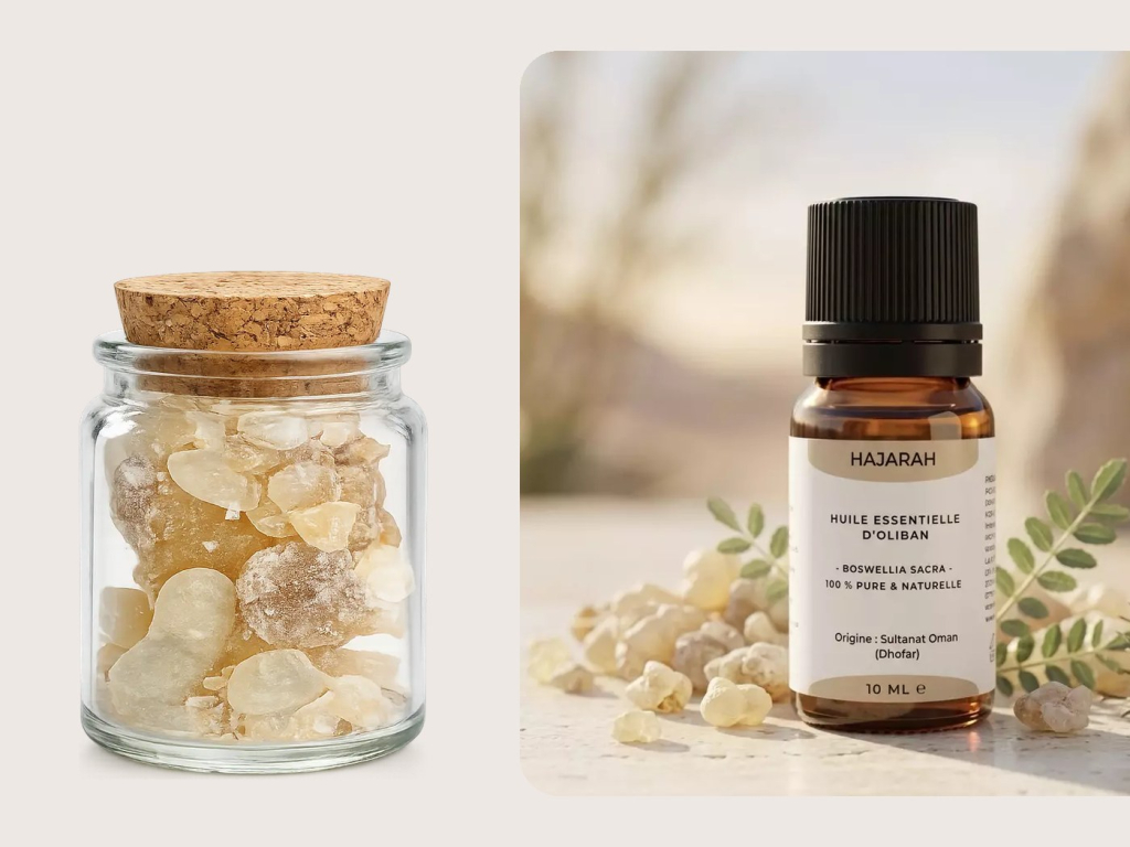 Pot d'oliban Hojari 30 g et flacon d'huile essentielle d'oliban Hajarah